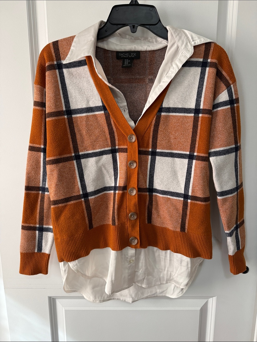 Rachel Zoe Orange and Cream Plaid Button Cardigan